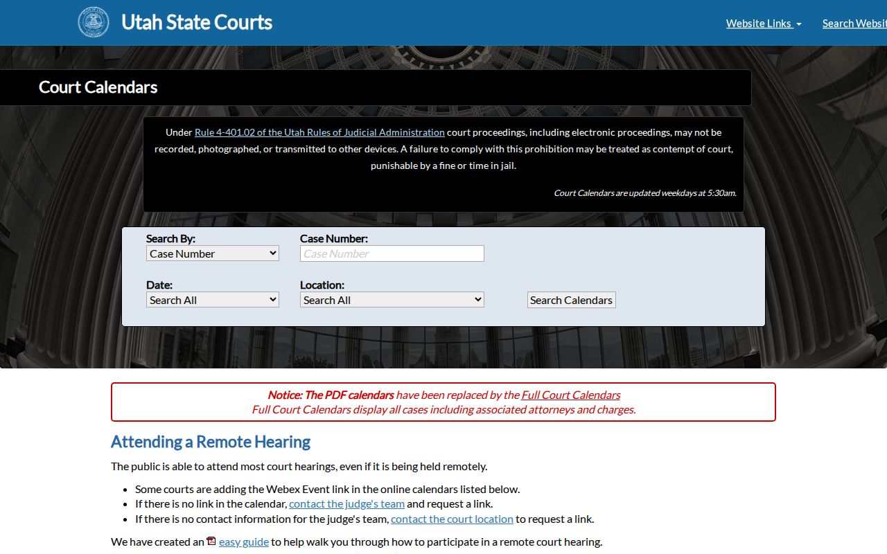 Utah Courts update notice for Rich County court calendars