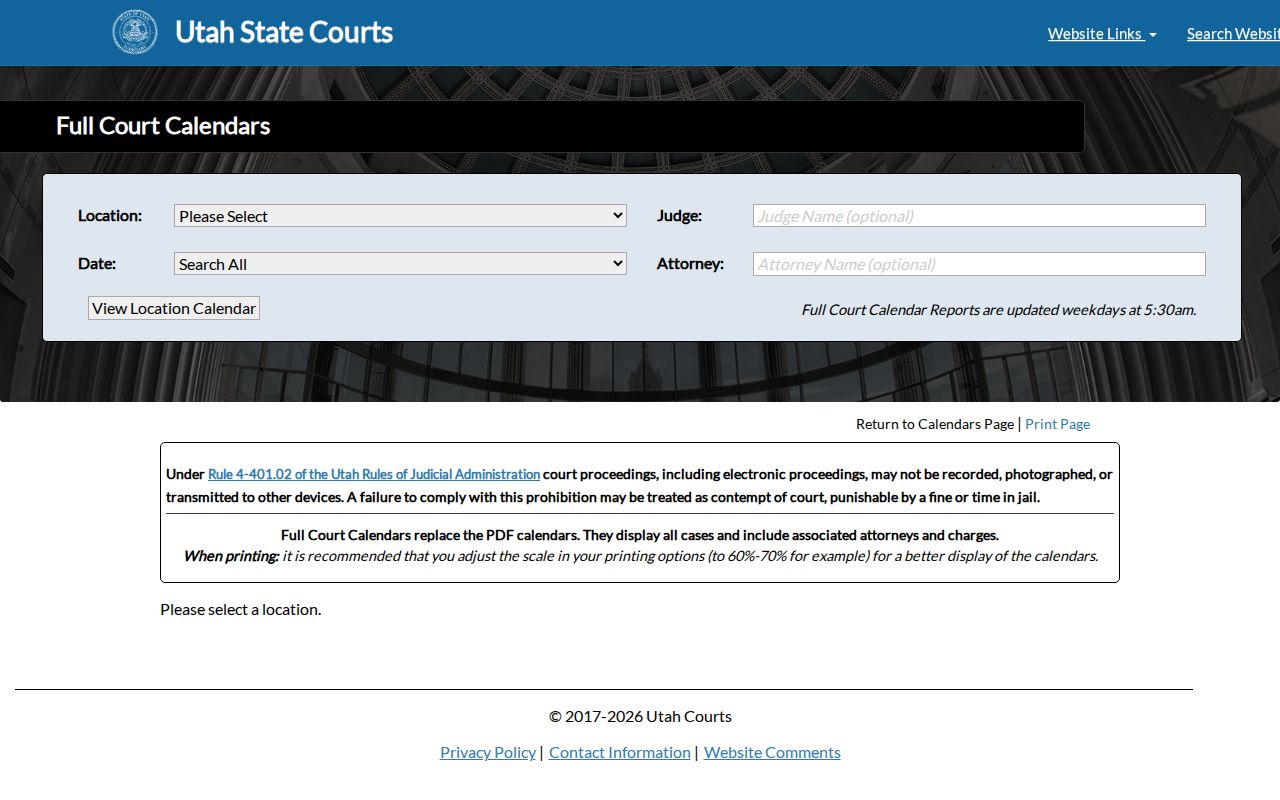 Full Court Calendar fields for finding Rich County hearing dates